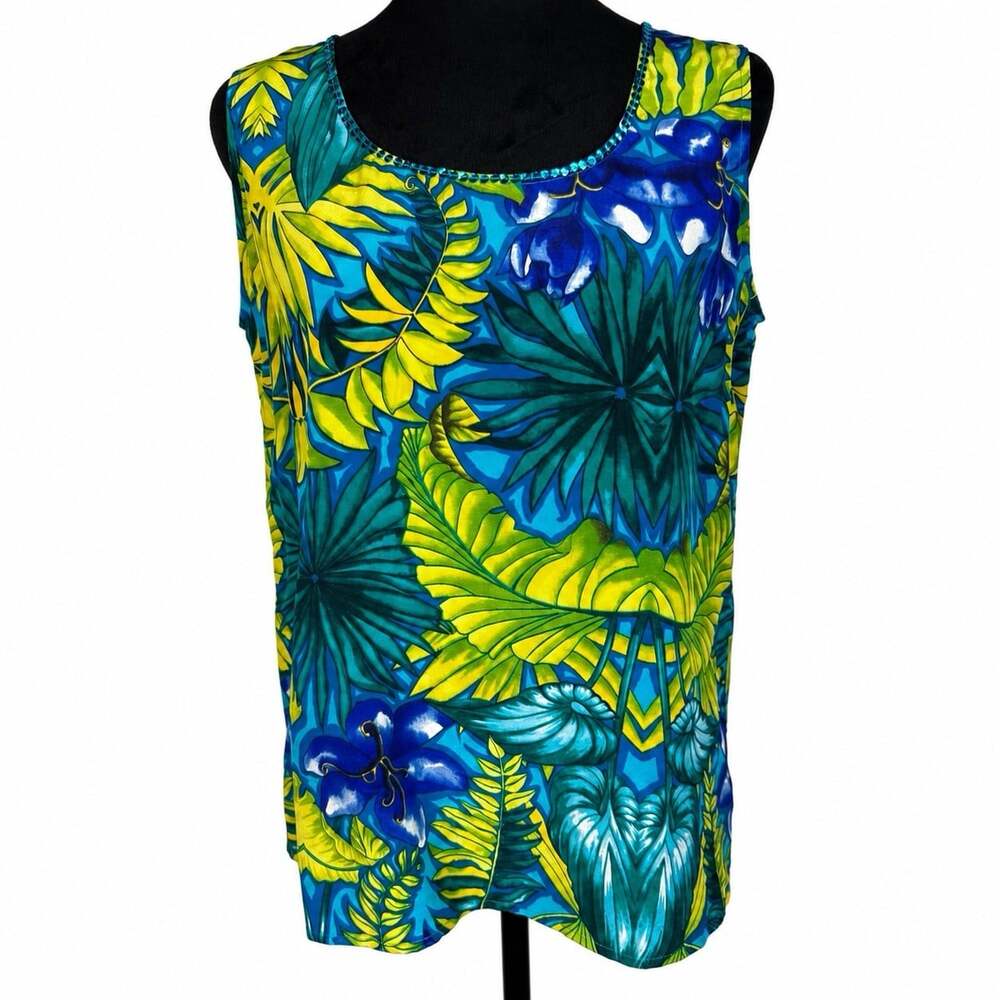 Vintage 90s Diane Gilman Silk Floral Tank Royal Blue Green Y2K Resort Top Small